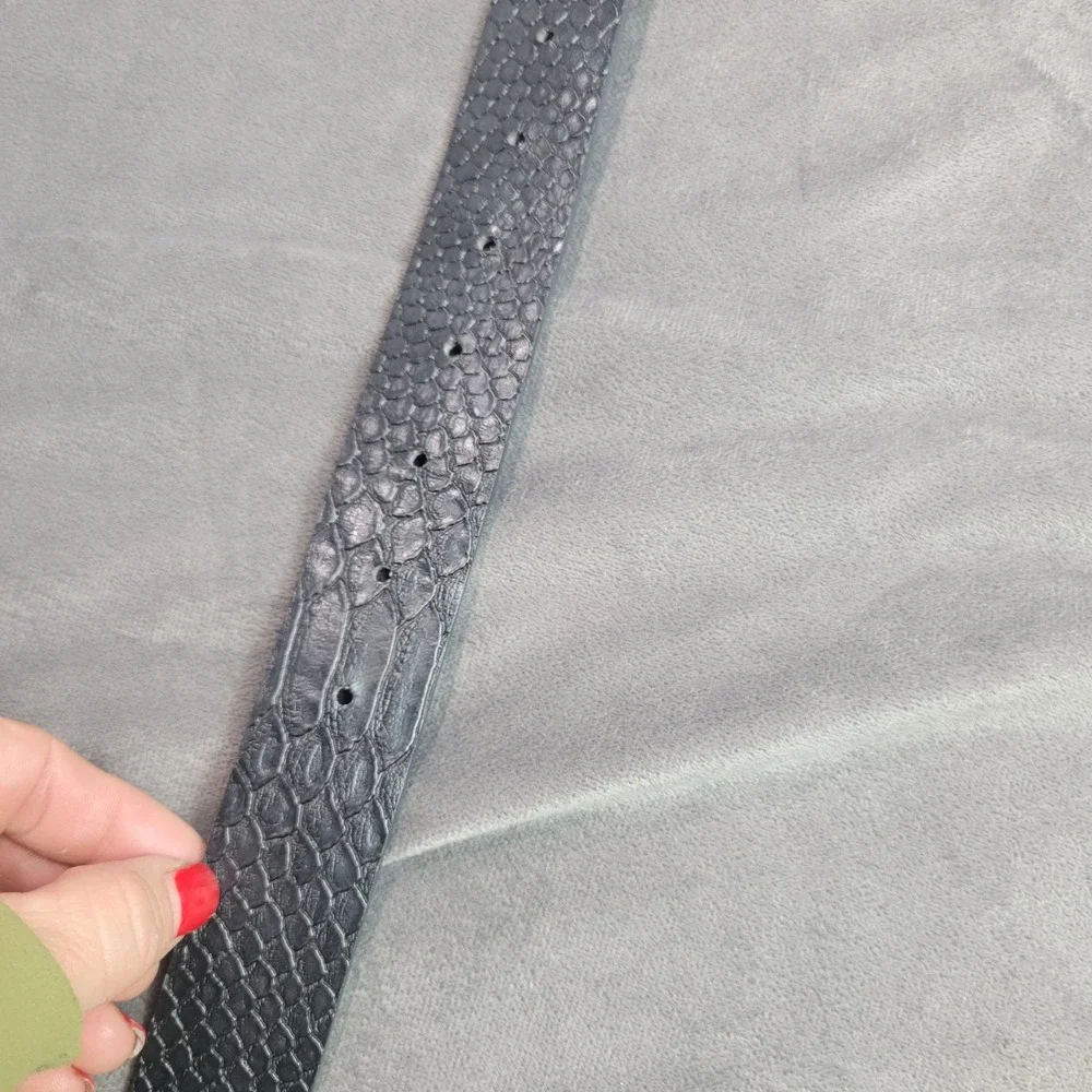 Black Snakeskin‎ Embossed Belt Antique Brass Double O-Ring Buckle Faux Leather
